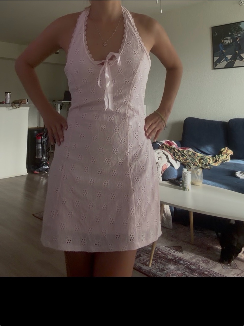 Scalloped Halter Eyelet Mini Dress in Light Pink